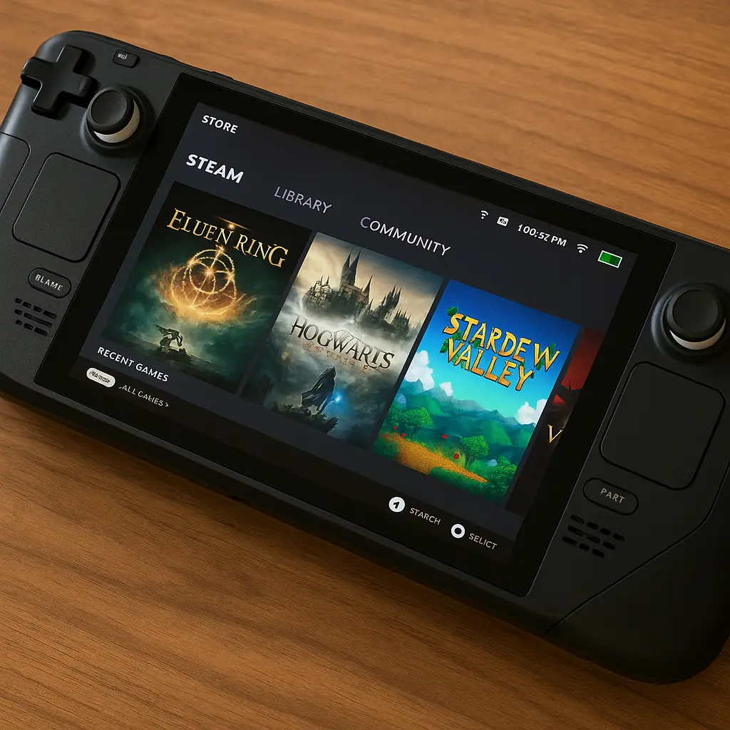 Um console Steam Deck exibe a interface do Steam com as capas dos jogos Elden Ring, Hogwarts Legacy e Stardew Valley em uma mesa de madeira.