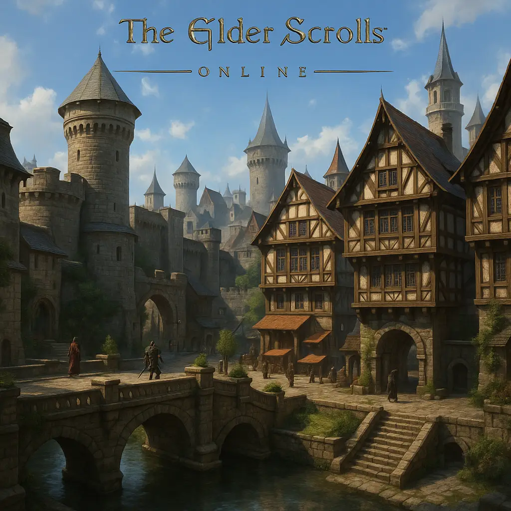 Cena da cidade fantástica de The Elder Scrolls Online com edifícios medievais, uma ponte sobre a água e personagens, sob um céu claro.