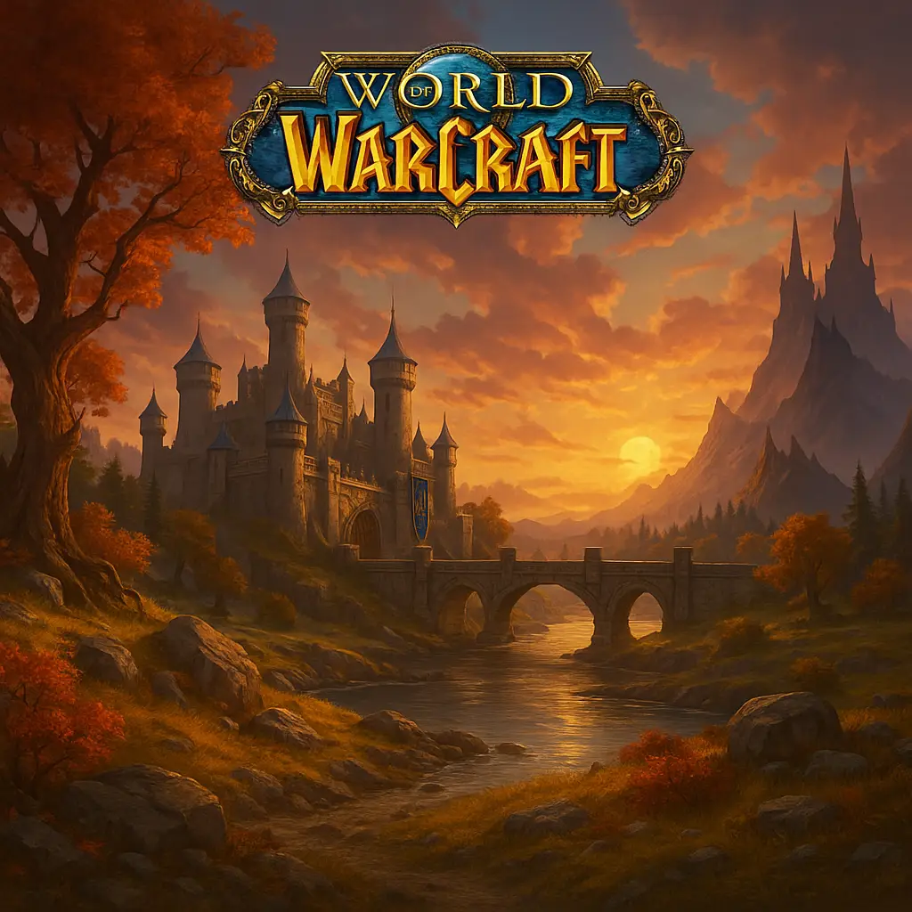 Logotipo de World of Warcraft sobre uma paisagem fantástica de pôr do sol com um grande castelo medieval, ponte de pedra arqueada sobre um rio e montanhas distantes. Cena épica de fantasia do MMORPG.