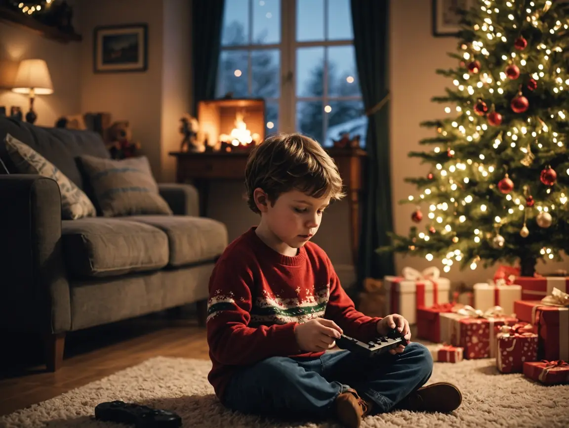 Menino sentado no chão jogando videogame com controle, em sala de estar decorada para o Natal com árvore iluminada e presentes, criando uma atmosfera aconchegante de feriado.