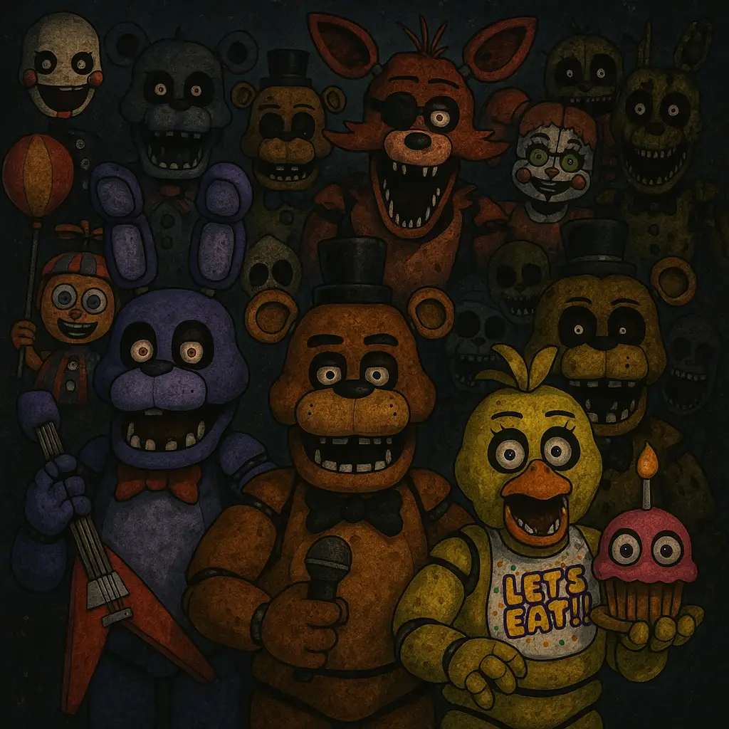 Imagem com múltiplos animatrônicos da série Five Nights at Freddy's, como Freddy, Bonnie, Chica, Foxy, Puppet e outros, em estilo sombrio e assustador.