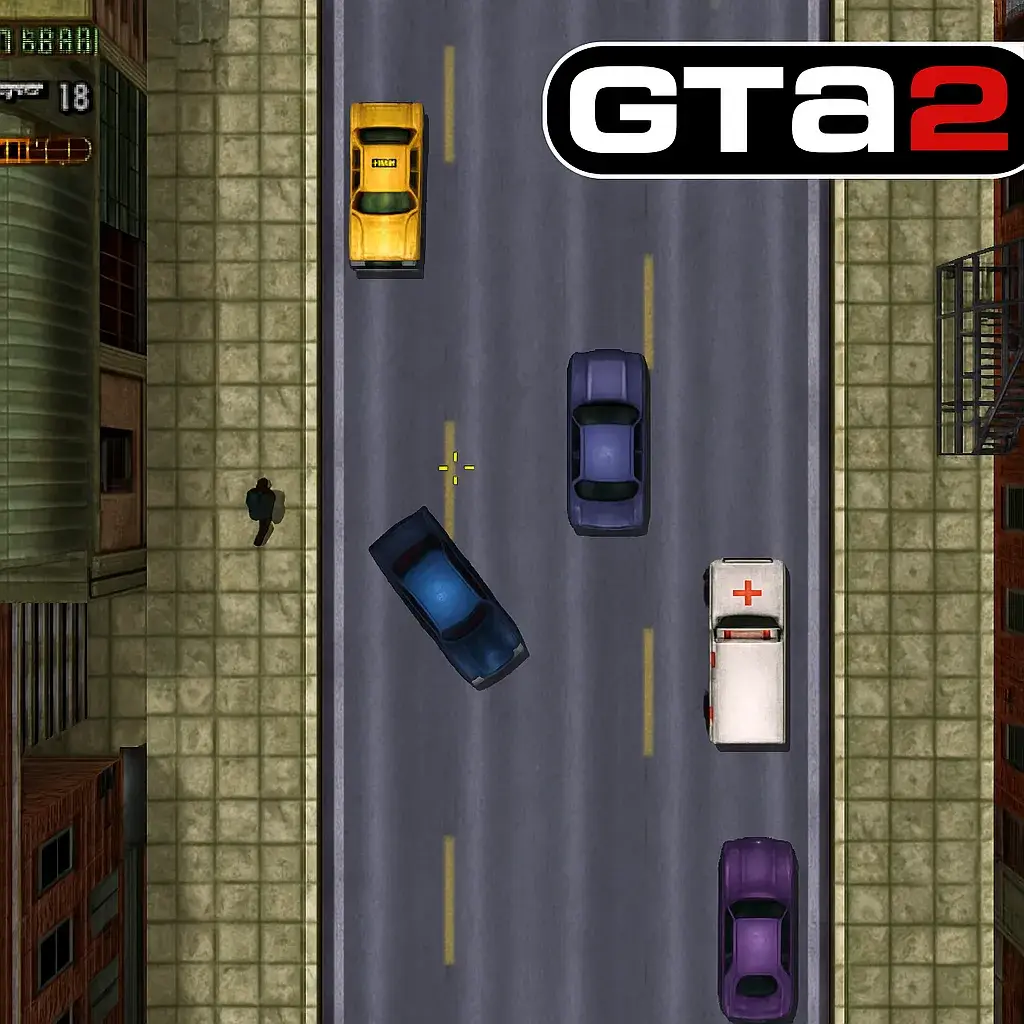Jogabilidade de GTA 2 em vista aérea, com personagem, carros, ambulância e taxi na rua. Jogo clássico da Rockstar Games.