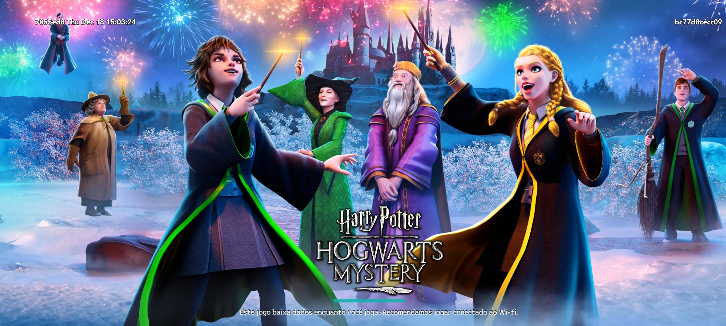 Arte promocional de Harry Potter: Hogwarts Mystery com estudantes e Dumbledore celebrando com fogos de artifício e feitiços sobre Hogwarts nevada.