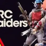 Logo de Arc Raiders com dois personagens jogáveis em trajes futuristas, segurando armas, sobre fundo escuro e listras coloridas. Representa o shooter cooperativo da Embark Studios.