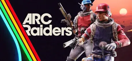 Logo de Arc Raiders com dois personagens jogáveis em trajes futuristas, segurando armas, sobre fundo escuro e listras coloridas. Representa o shooter cooperativo da Embark Studios.