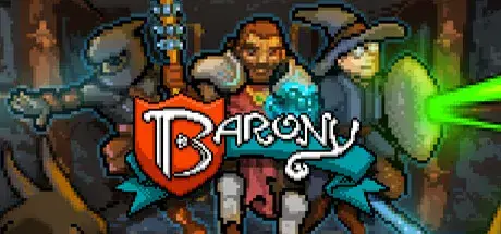 Logo do jogo Barony: três personagens pixel art (arqueiro, guerreiro, mago) com o título "BARONY" em um escudo, representando um RPG roguelike cooperativo em primeira pessoa.