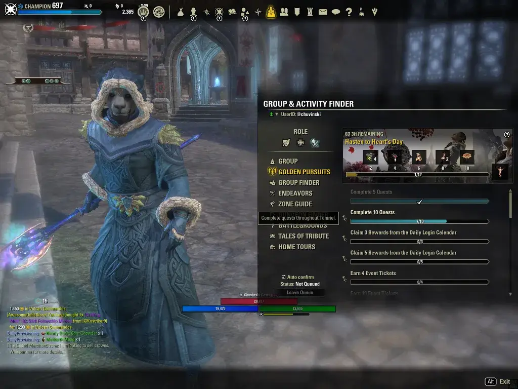 Interface do evento 'Hasten to Heart's Day' em The Elder Scrolls Online (ESO), exibindo objetivos como completar quests, coletar recompensas diárias e ganhar Event Tickets, com um personagem Khajiit em primeiro plano.