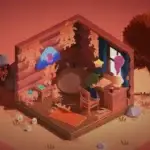 Cenário aconchegante de Kind Words lofi chill beats to write to, com personagem escrevendo em uma cabana isométrica, ambiente relaxante e interface de jogo.