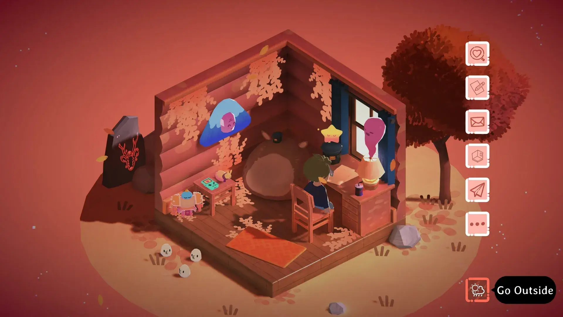 Cenário aconchegante de Kind Words lofi chill beats to write to, com personagem escrevendo em uma cabana isométrica, ambiente relaxante e interface de jogo.