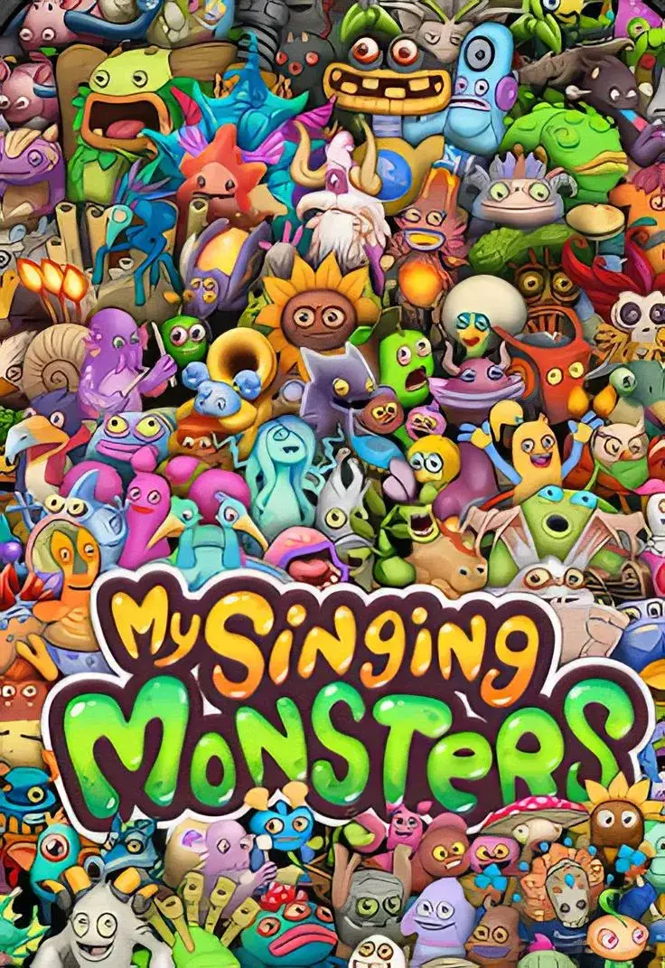 My Singing Monsters: capa com diversos monstros cantores coloridos, personagens do jogo musical Big Blue Bubble.