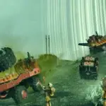 No Man's Sky: Colossus exocraft em planeta alienígena, com nave remanescente caída e planta de processamento de resíduos ao fundo. Travellers exploram durante expedição NMS. Guia Completo.