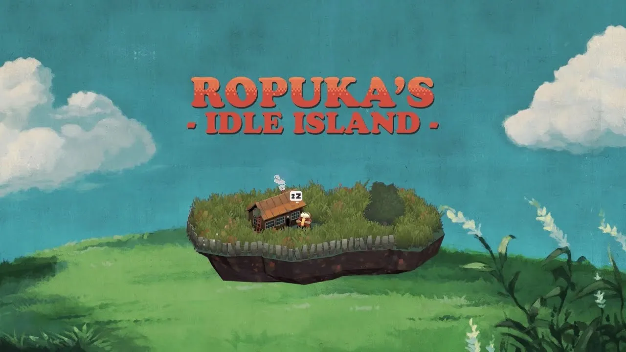 Screenshot de gameplay de Ropuka's Idle Island exibindo ilha tropical com construções, recursos e personagens do jogo idle de simulação.