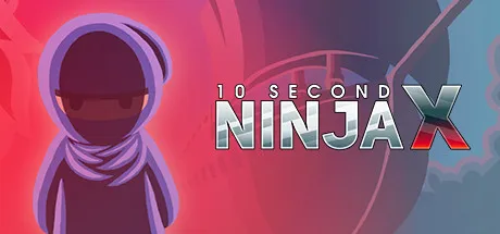 Imagem promocional do jogo de ação-plataforma 10 Second Ninja X, apresentando um personagem ninja estilizado com capuz roxo e máscara preta, em um fundo vibrante com gradiente de vermelho e azul. O título do jogo '10 SECOND NINJA X' é exibido em letras metálicas prateadas e vermelhas.