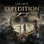 Arte oficial de Clair Obscur: Expedition 33 — quatro personagens diante de uma paisagem sombria e épica com o título do RPG em destaque