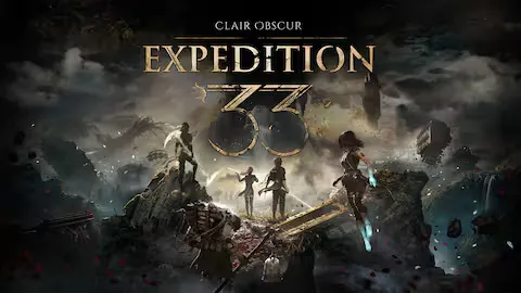 Arte oficial de Clair Obscur: Expedition 33 — quatro personagens diante de uma paisagem sombria e épica com o título do RPG em destaque