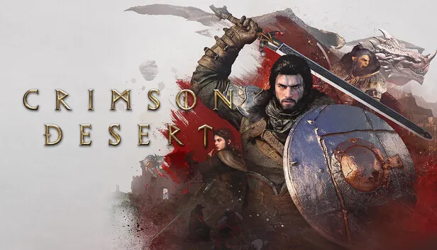 rte oficial de Crimson Desert com o protagonista Macduff empunhando espada e escudo em batalha — RPG de ação da Pearl Abyss