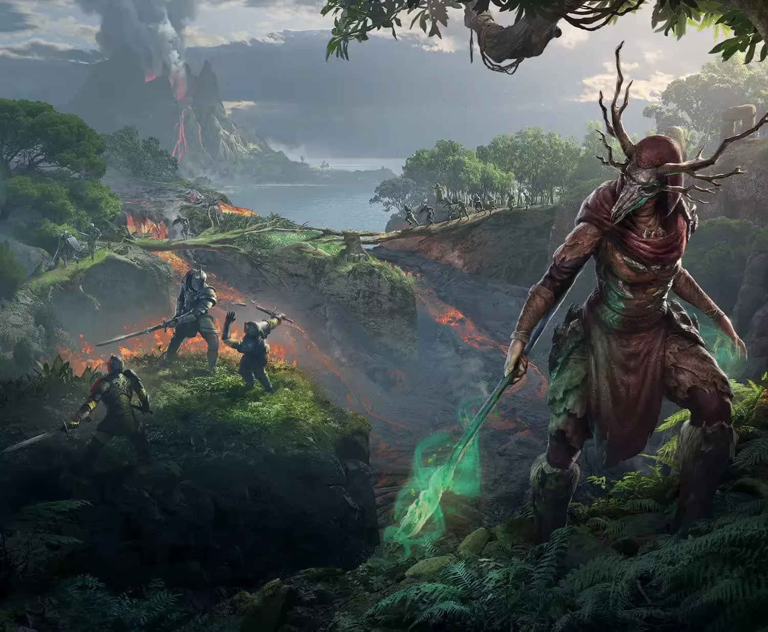 Representação artística de Galen em ESO: DLC Firesong, com um druida de chifres, cavaleiros, lava e um vulcão ativo.