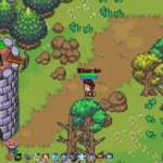 Gameplay de Definya MMORPG em pixel art. Personagem 'Kirin' explora cenário com torre, árvores e inimigos. Jogo online de navegador.