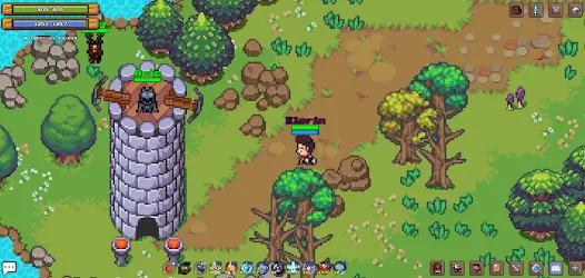 Gameplay de Definya MMORPG em pixel art. Personagem 'Kirin' explora cenário com torre, árvores e inimigos. Jogo online de navegador.