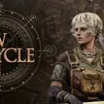 Logo "New Cycle" e dois personagens sobreviventes, um homem e uma mulher, em cenário de jogo city-builder pós-apocalíptico de estratégia.