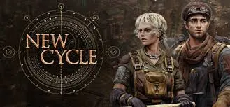 Logo "New Cycle" e dois personagens sobreviventes, um homem e uma mulher, em cenário de jogo city-builder pós-apocalíptico de estratégia.