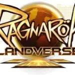 Logo oficial dourado de Ragnarok Landverse com um globo terrestre estilizado ao fundo, representando o MMORPG Web3.