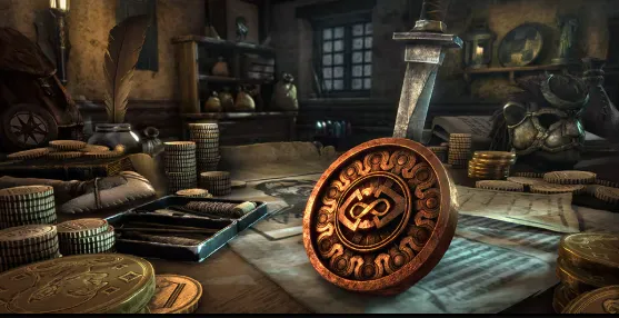 Moeda dourada de Seals of Endeavor de The Elder Scrolls Online, cercada por riquezas em cenário de fantasia do ESO.