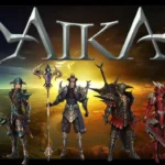 Logo AIKA Online, personagens de classes do MMORPG (guerreiro, maga, atirador) em cenário de guerra entre nações.