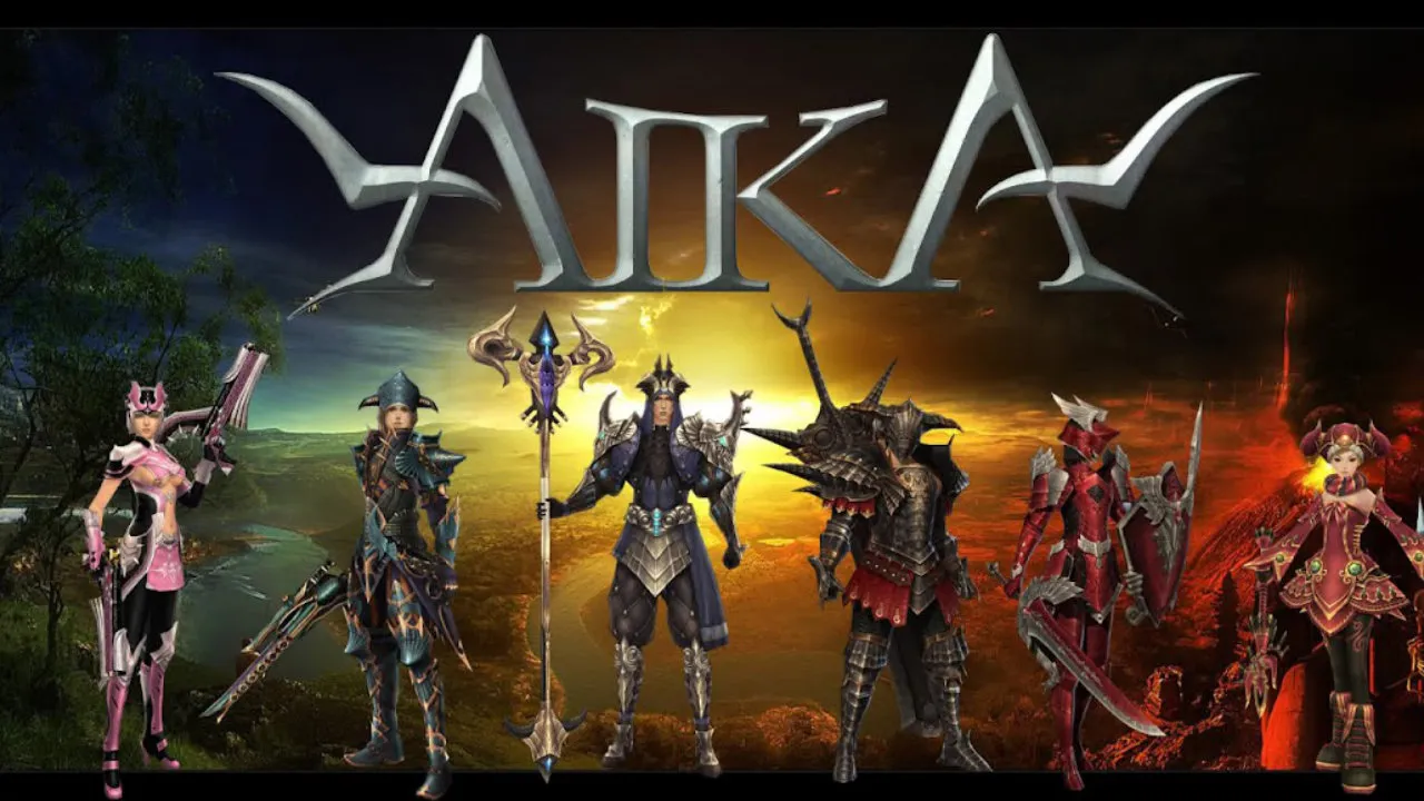 Logo AIKA Online, personagens de classes do MMORPG (guerreiro, maga, atirador) em cenário de guerra entre nações.