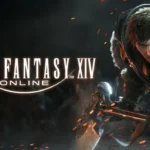 Logotipo Final Fantasy XIV Online com o Guerreiro da Luz em armadura, sparks de combate e cenário escuro, representando o MMORPG da Square Enix.