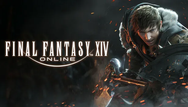Logotipo Final Fantasy XIV Online com o Guerreiro da Luz em armadura, sparks de combate e cenário escuro, representando o MMORPG da Square Enix.