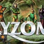 Arte promocional do MMORPG Ryzom, apresentando quatro personagens em trajes de fantasia e sci-fi, com o logotipo do jogo em destaque sobre um fundo orgânico de árvores e folhagens.