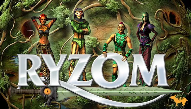 Arte promocional do MMORPG Ryzom, apresentando quatro personagens em trajes de fantasia e sci-fi, com o logotipo do jogo em destaque sobre um fundo orgânico de árvores e folhagens.
