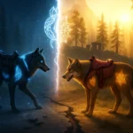 Dois lobos místicos mágicos se confrontando em floresta encantada de Tamriel — lobo negro com runas azuis brilhantes e olhos azuis (reino da noite) versus lobo dourado com runas laranja flamejantes (reino do dia), ambos equipados com selas ornamentadas, separados por um raio de energia arcana e símbolos mágicos flutuantes | The Elder Scrolls Online