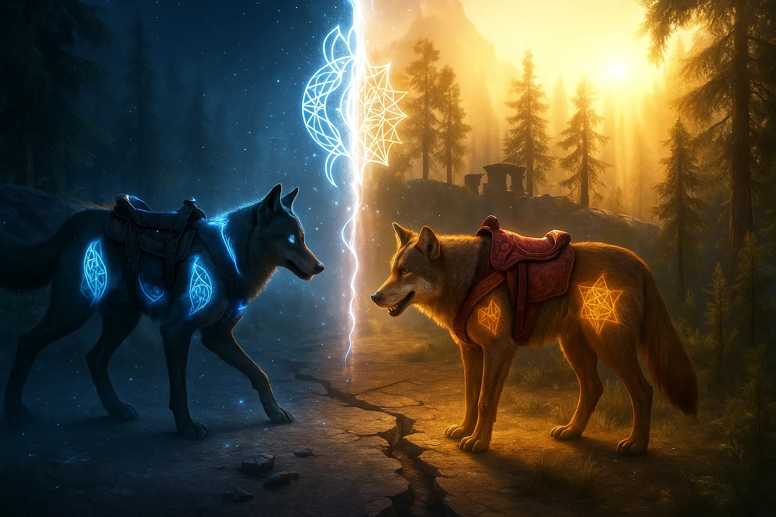Dois lobos místicos mágicos se confrontando em floresta encantada de Tamriel — lobo negro com runas azuis brilhantes e olhos azuis (reino da noite) versus lobo dourado com runas laranja flamejantes (reino do dia), ambos equipados com selas ornamentadas, separados por um raio de energia arcana e símbolos mágicos flutuantes | The Elder Scrolls Online