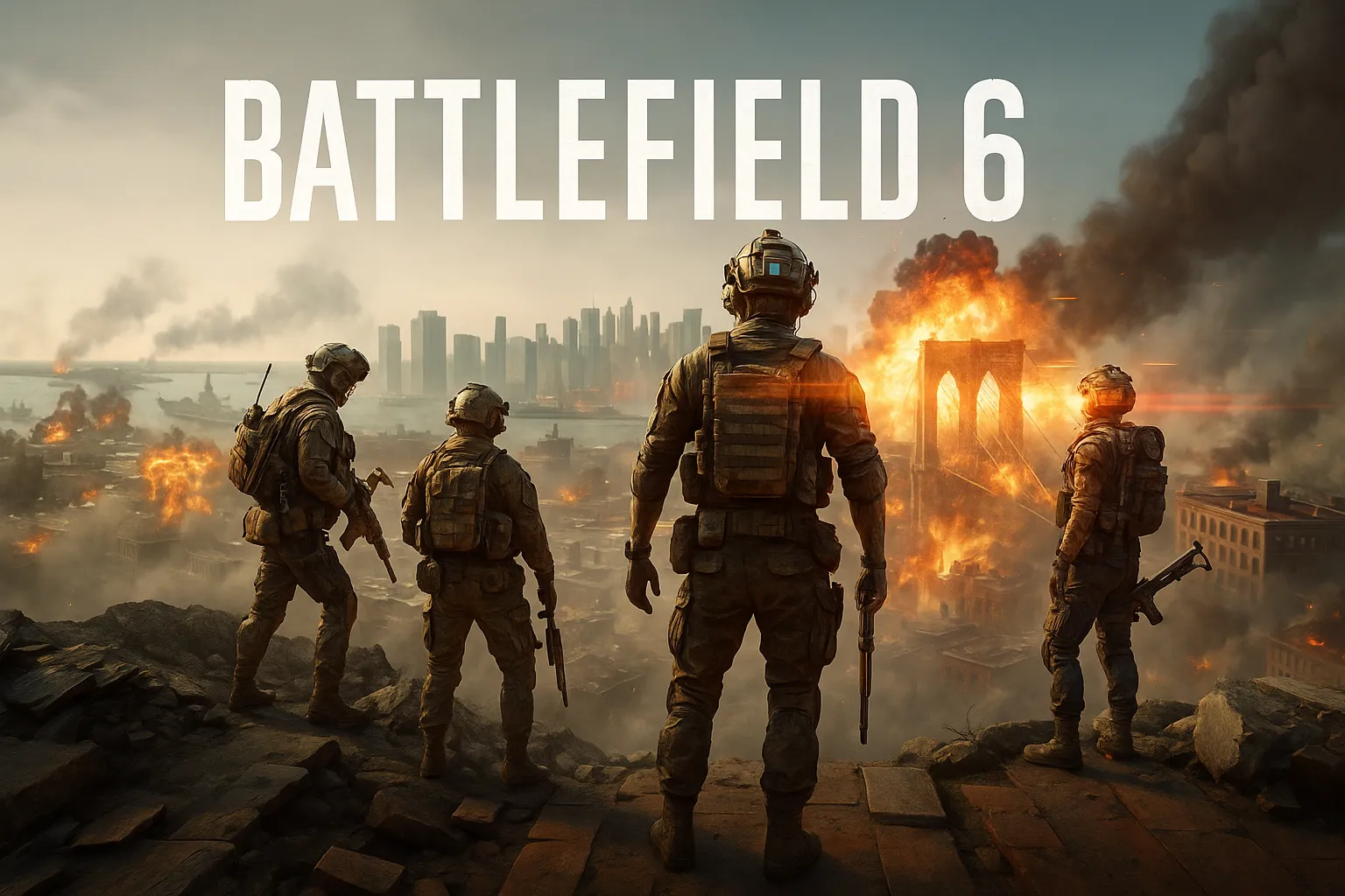 Esquadrão de quatro soldados armados observando uma cidade em ruínas com grandes explosões e fumaça, arte promocional do jogo Battlefield 6.