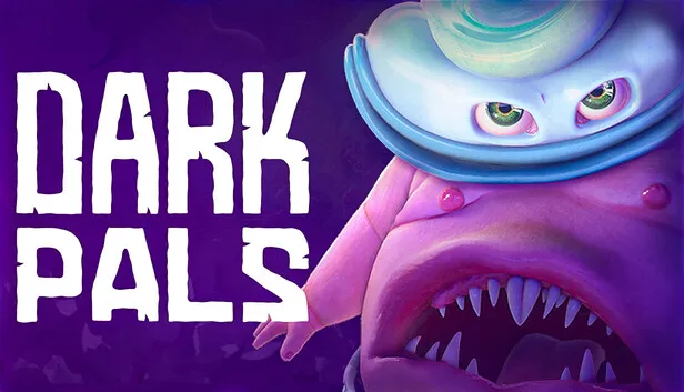 Imagem promocional de Dark Pals: The 1st Floor, apresentando o logo "DARK PALS" em branco sobre fundo roxo e um monstro rosado e fofo, com olhos verdes expressivos, dentes afiados e chapéu, um personagem principal ou inimigo do jogo de terror indie.