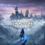 Hogwarts Legacy: Arte de capa com castelo de Hogwarts nevado, bruxo, criaturas mágicas voando e logo do jogo.