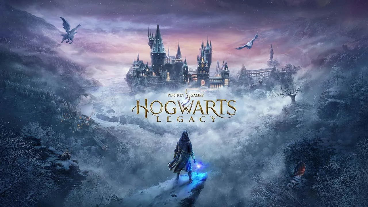 Hogwarts Legacy: Arte de capa com castelo de Hogwarts nevado, bruxo, criaturas mágicas voando e logo do jogo.