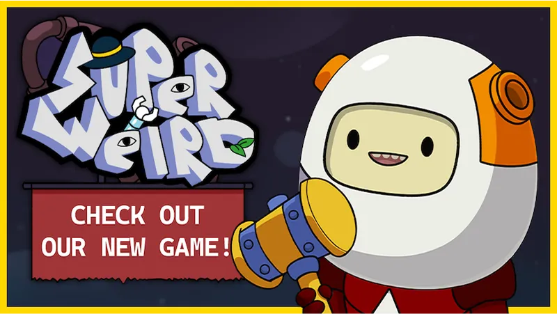 Banner promocional do jogo de automação e sobrevivência SuperWEIRD mostrando o personagem principal com um martelo e logo do jogo