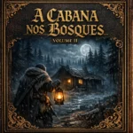 Capa do livro de Skyrim "A Cabana nos Bosques Volume II" em formato de livro antigo de couro com detalhes dourados. Na ilustração, um guerreiro com capuz e manto de pele segura uma lanterna acesa em direção a uma cabana abandonada em uma floresta escura de pinheiros à noite, sob a luz de uma lua cheia.