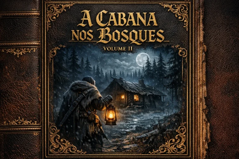Capa do livro de Skyrim "A Cabana nos Bosques Volume II" em formato de livro antigo de couro com detalhes dourados. Na ilustração, um guerreiro com capuz e manto de pele segura uma lanterna acesa em direção a uma cabana abandonada em uma floresta escura de pinheiros à noite, sob a luz de uma lua cheia.