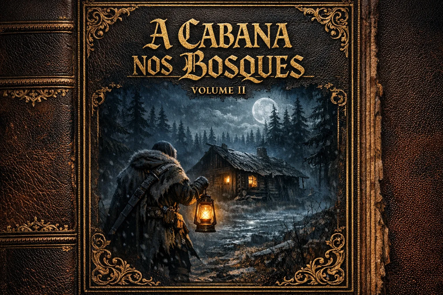 Capa do livro de Skyrim "A Cabana nos Bosques Volume II" em formato de livro antigo de couro com detalhes dourados. Na ilustração, um guerreiro com capuz e manto de pele segura uma lanterna acesa em direção a uma cabana abandonada em uma floresta escura de pinheiros à noite, sob a luz de uma lua cheia.