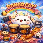 Bongo Cat fofo tocando bongô rodeado de controles, Nintendo Switch, comidas kawaii e arco-íris colorido em ilustração animada