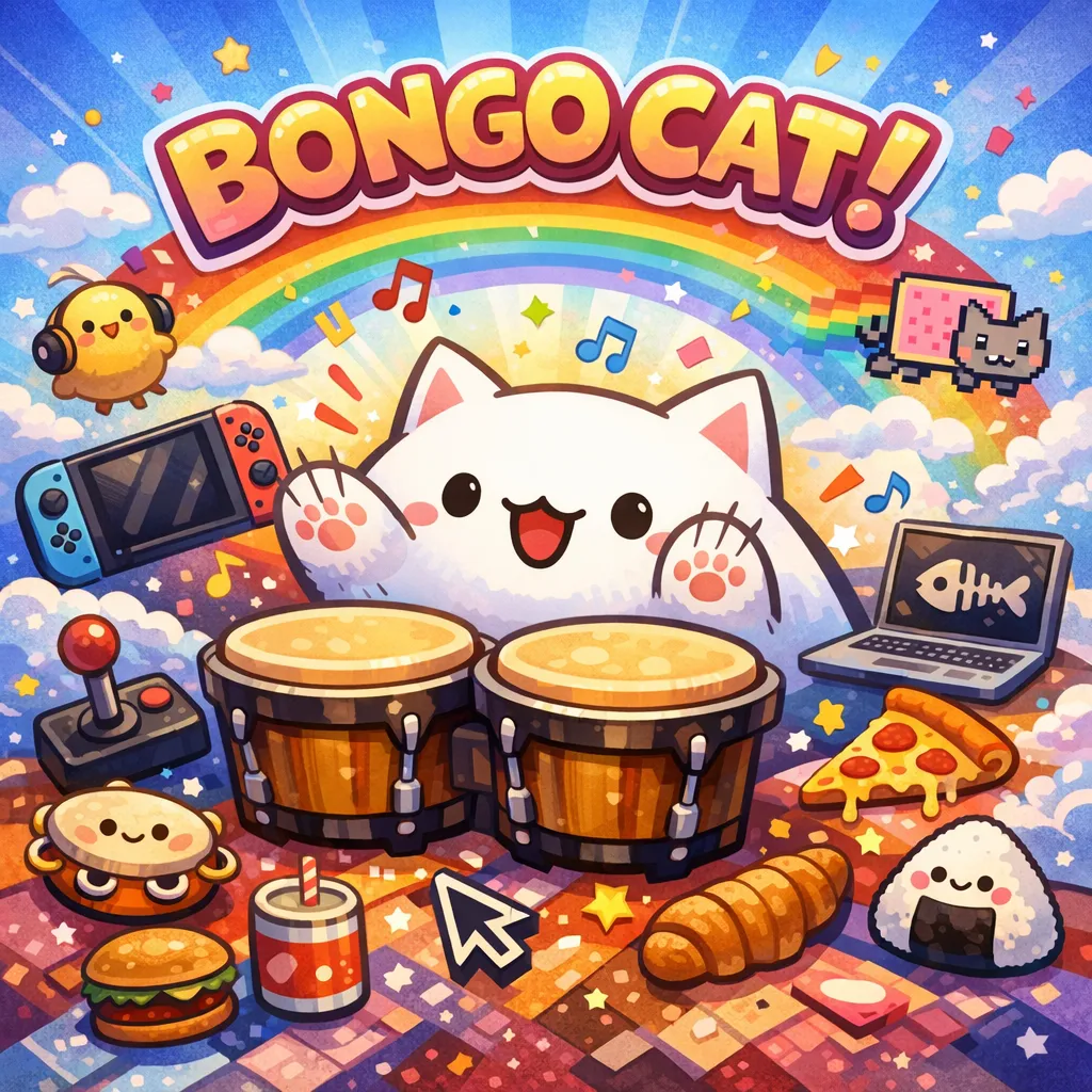 Bongo Cat fofo tocando bongô rodeado de controles, Nintendo Switch, comidas kawaii e arco-íris colorido em ilustração animada