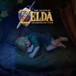 Jovem Link dormindo em sua cabana no início de Legend of Zelda Ocarina of Time Remake com fadas verdes ao redor.