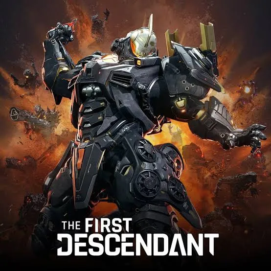 Arte promocional do jogo The First Descendant destacando o personagem Ajax em uma armadura preta pesada de combate com detalhes dourados, cercado por explosões e inimigos. No rodapé, destaca-se o logotipo oficial do jogo em letras brancas.