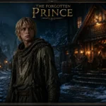 Ilustração cinematográfica de Eslaf Erol, o príncipe esquecido (The Forgotten Prince), vestindo trapos diante da taverna The Rusty Tavern em um vilarejo com neve à noite, representando o livro Mendigo de Skyrim.