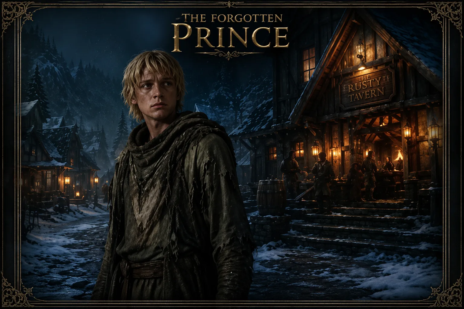 Ilustração cinematográfica de Eslaf Erol, o príncipe esquecido (The Forgotten Prince), vestindo trapos diante da taverna The Rusty Tavern em um vilarejo com neve à noite, representando o livro Mendigo de Skyrim.