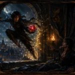 Ilustração do Livro Ladrão Skyrim mostrando o ladrão Eslaf Erol saltando da janela da torre com uma gema vermelha brilhante enquanto seu irmão gêmeo Suoibud acorda surpreso.